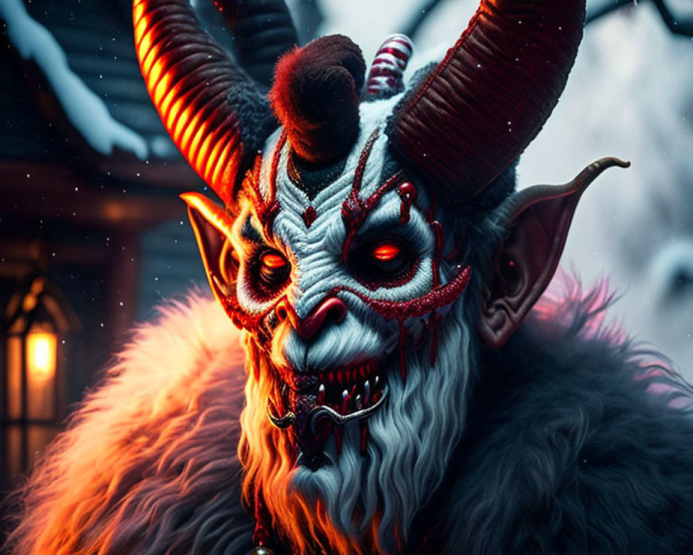 Menacing figure in Krampus-like mask with lantern in snowy scene