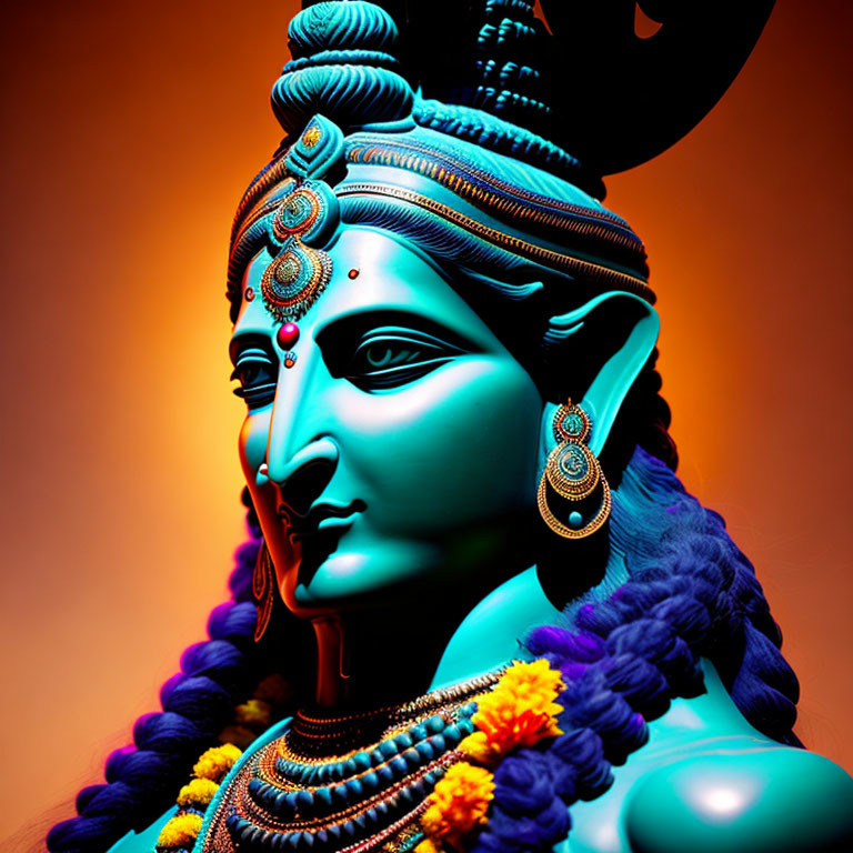 Blue-skinned figure in traditional Indian adornments on orange backdrop