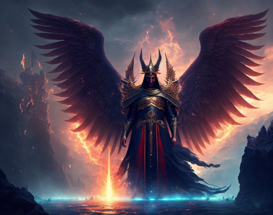 Majestic figure in ornate armor with outstretched wings and glowing staff