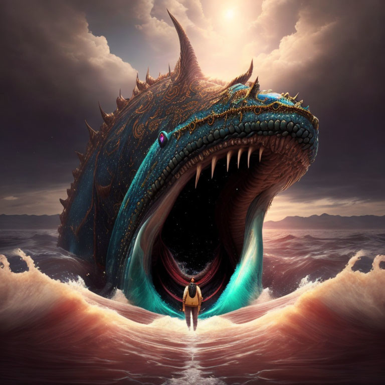 Massive ornately decorated dragon emerging from ocean waves under dramatic sky