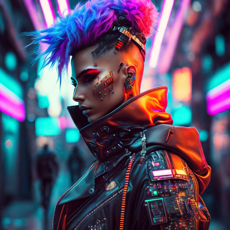 Blue and Purple Spiked Hair with Cyberpunk Accessories in Neon Cityscape