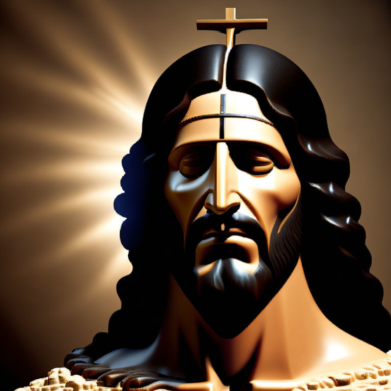 Stylized figure with long hair, crown, and cross on golden background