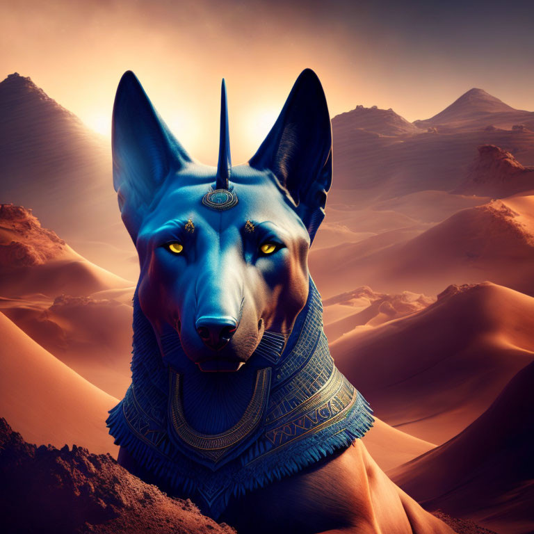 Mystical Blue Anubis with Golden Adornments in Desert Dunes at Dusk