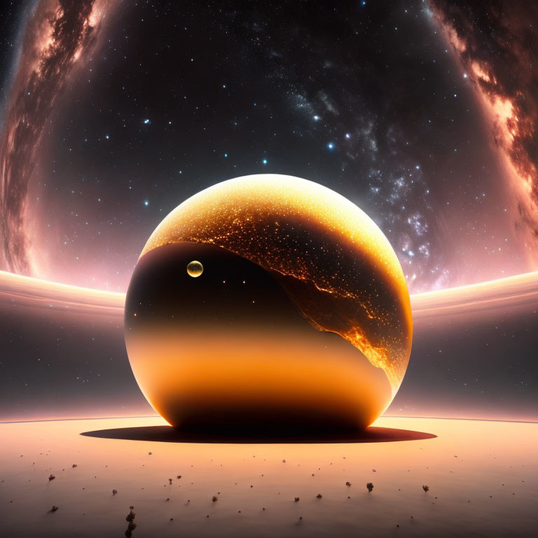 Surreal cosmic scene: textured sphere, moon-like object, glowing horizon