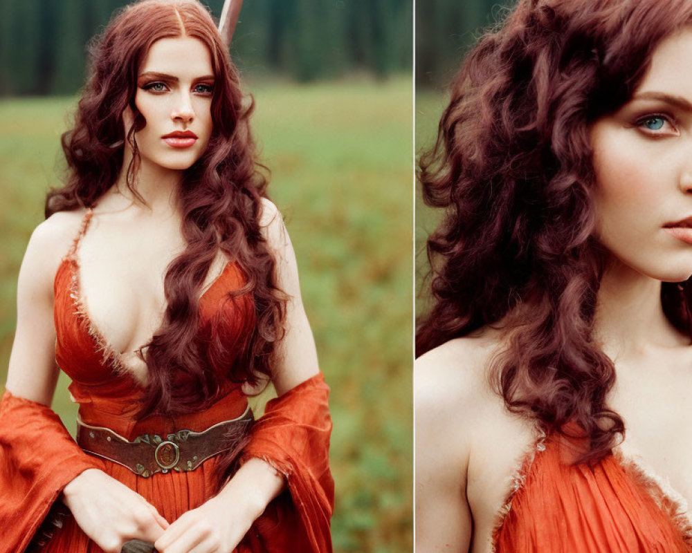 Medieval-inspired woman with long curly hair holding a sword in green field