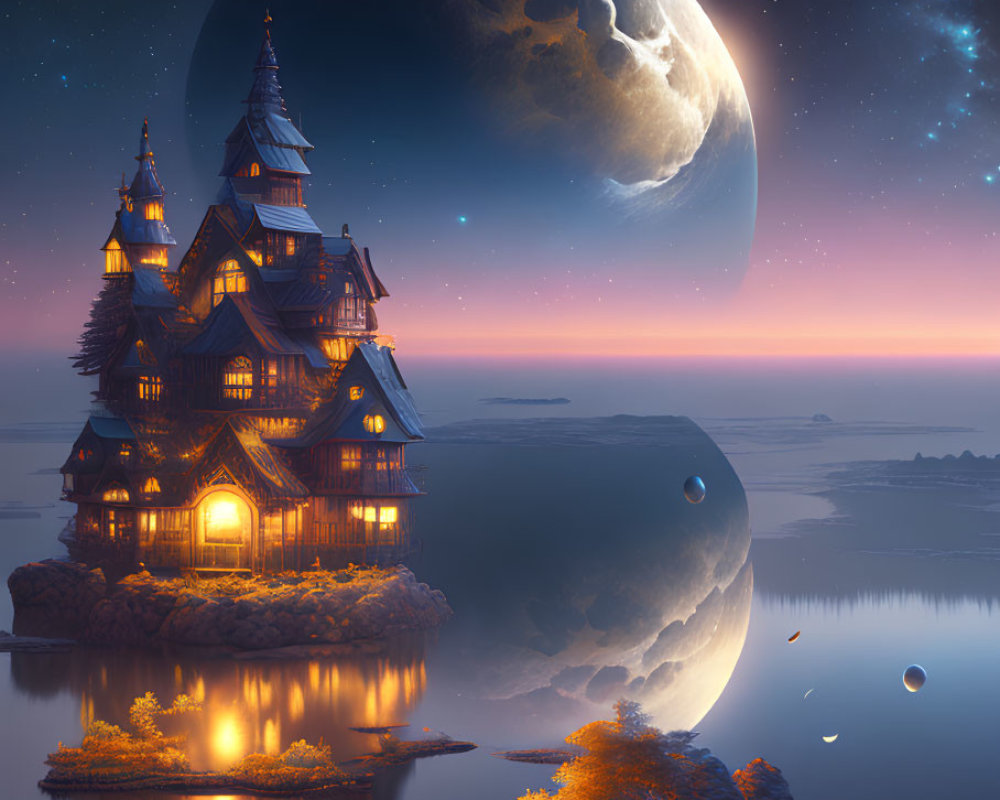 Digital art: Victorian mansion on cliff by serene lake under moonlit sky