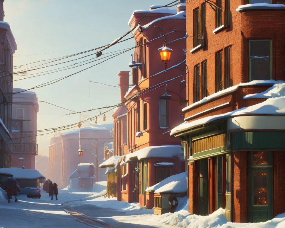 Snowy Street Scene: Sunset Glow on Red Brick Buildings