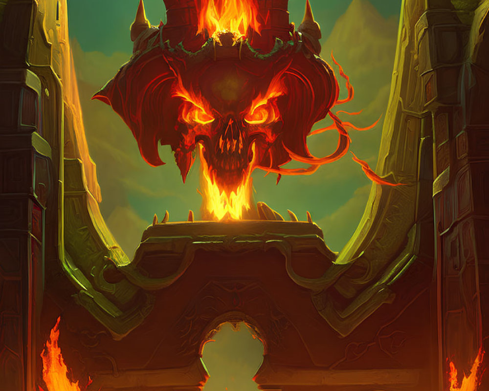 Fantasy illustration of fiery skull above gate with couple and flames