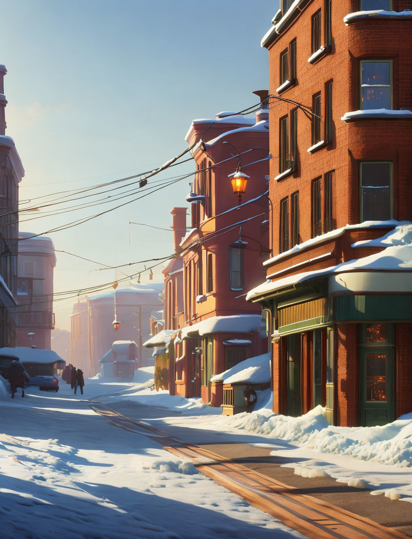 Snowy Street Scene: Sunset Glow on Red Brick Buildings