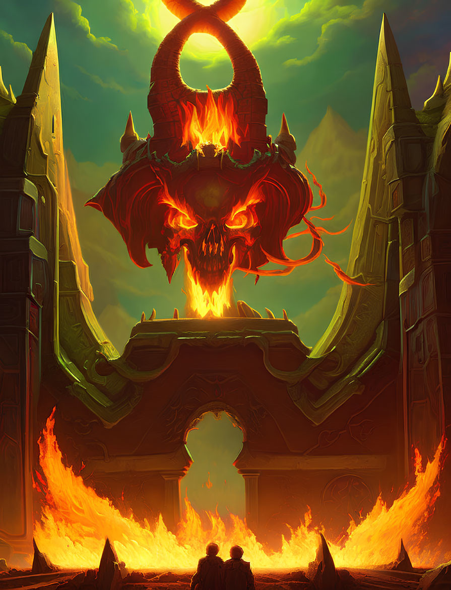 Fantasy illustration of fiery skull above gate with couple and flames