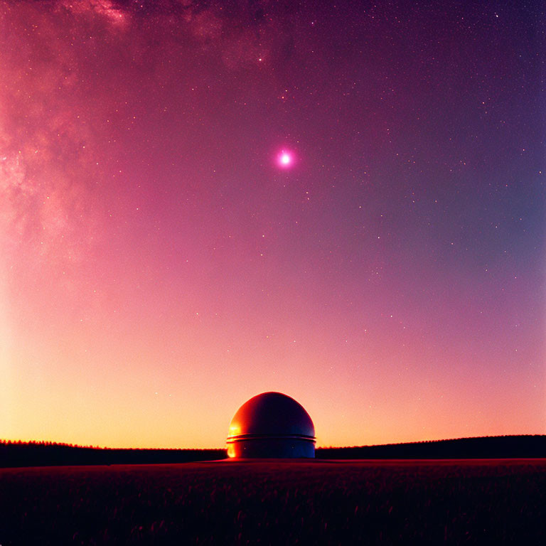 Starry sky observatory at dusk with pink and purple hues