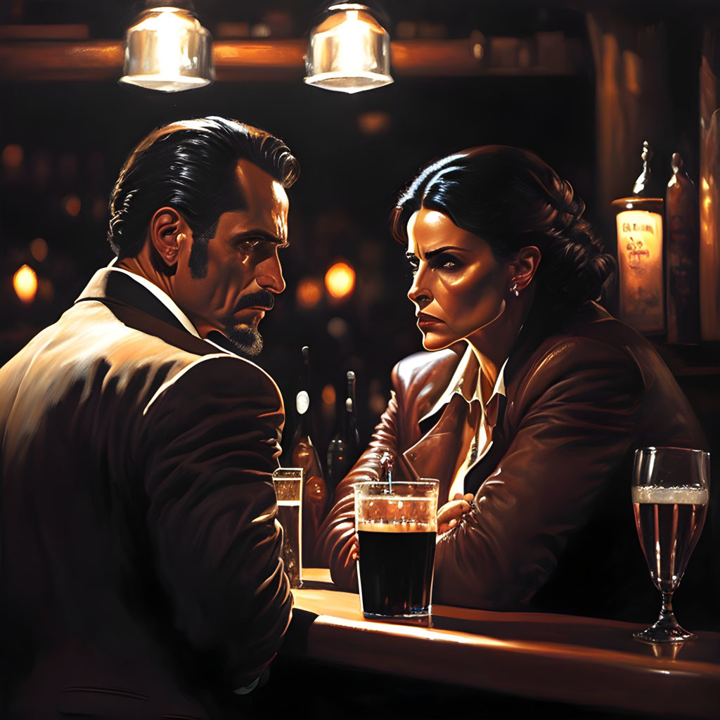 Man and woman converse in dimly lit bar with drinks.