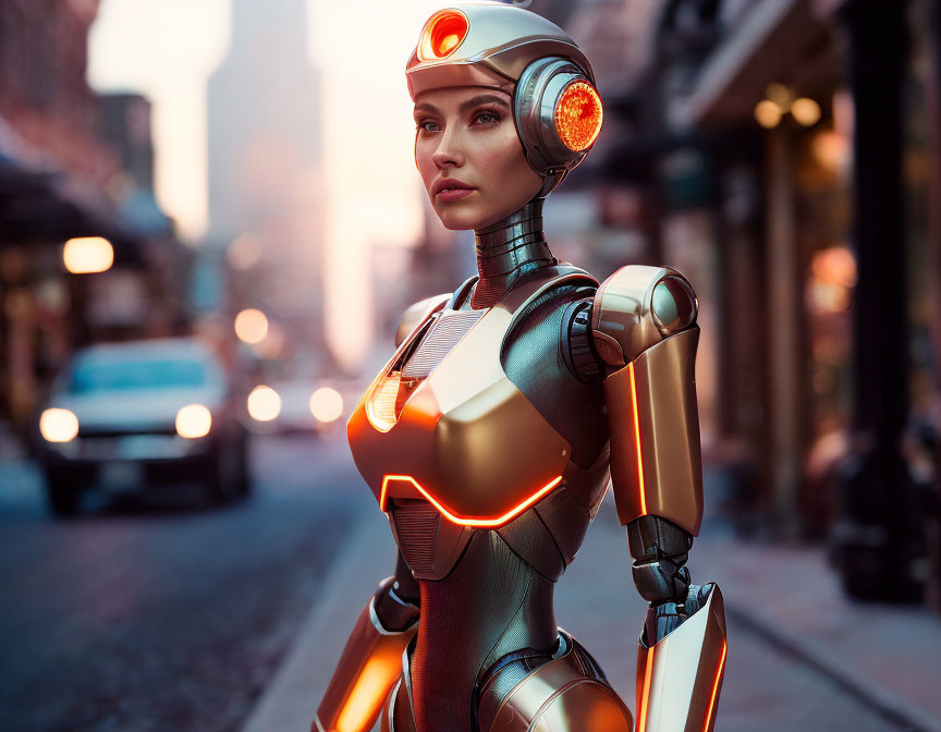 Futuristic female robot with glowing elements in city street scene