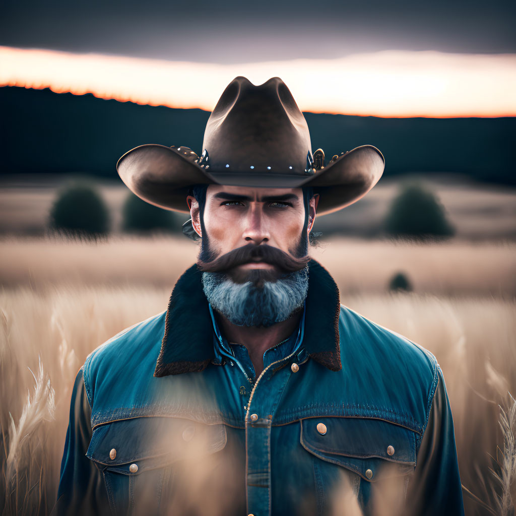 Man with Thick Mustache in Cowboy Hat at Sunset