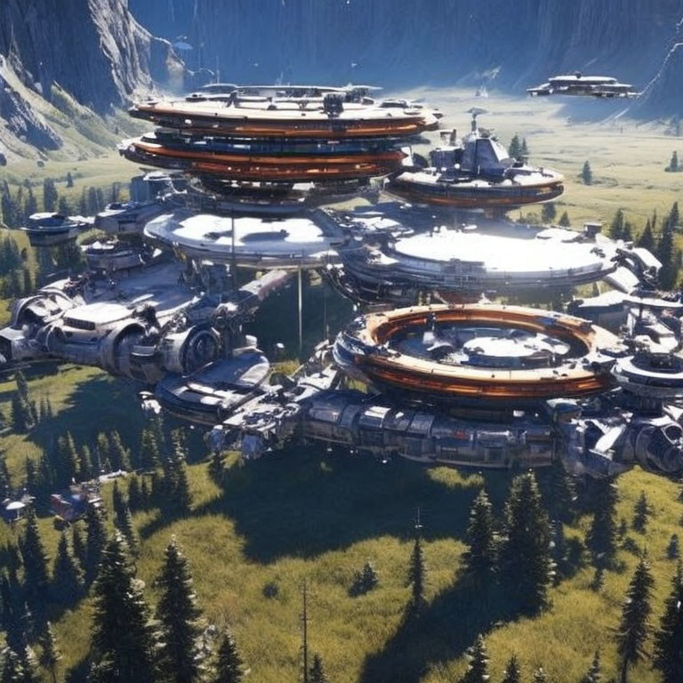 Futuristic multi-tiered city with circular structures in forested valley