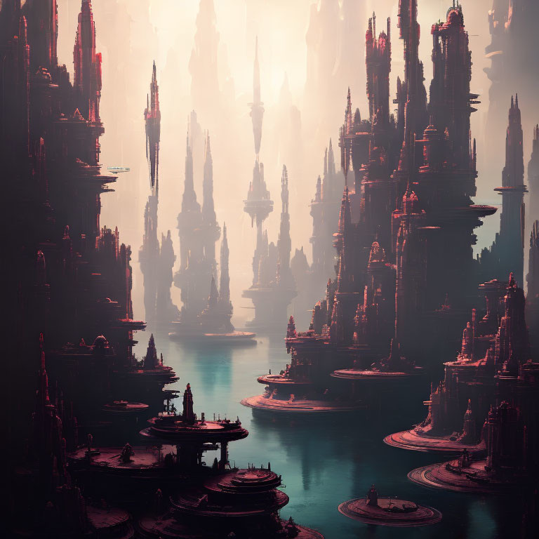 Futuristic cityscape with towering spires in misty ambiance