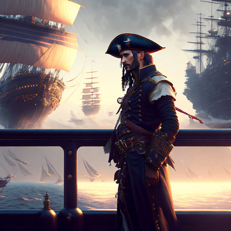 Pirate captain on ship deck at sunset with fleet of galleons and firing cannons