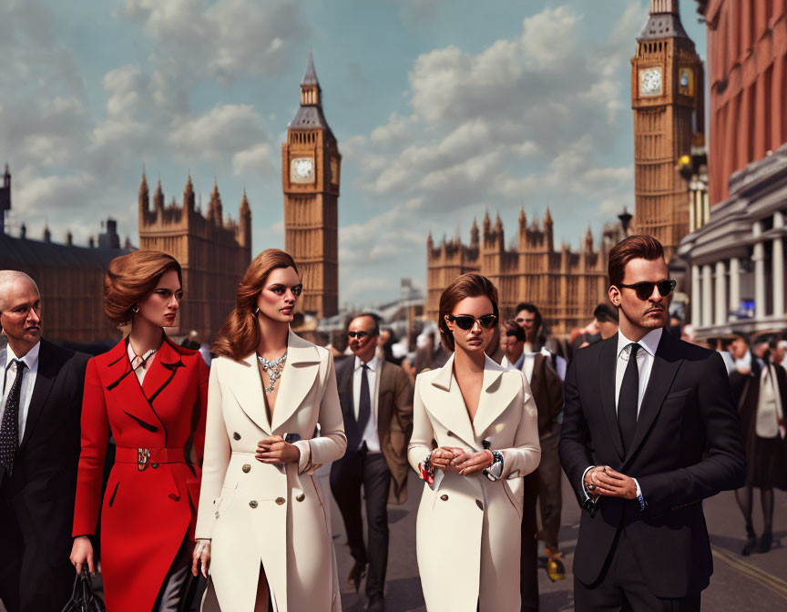 Stylish group walking near Big Ben on Westminster Bridge