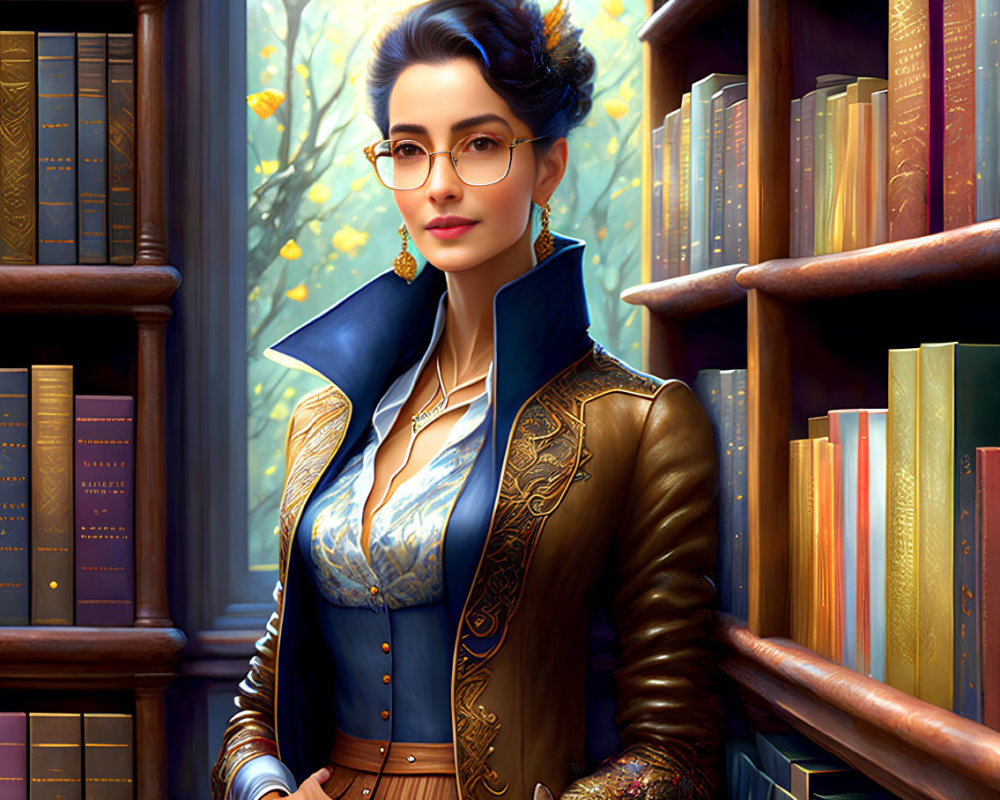 Confident woman in elegant glasses with Victorian-style jacket in library setting