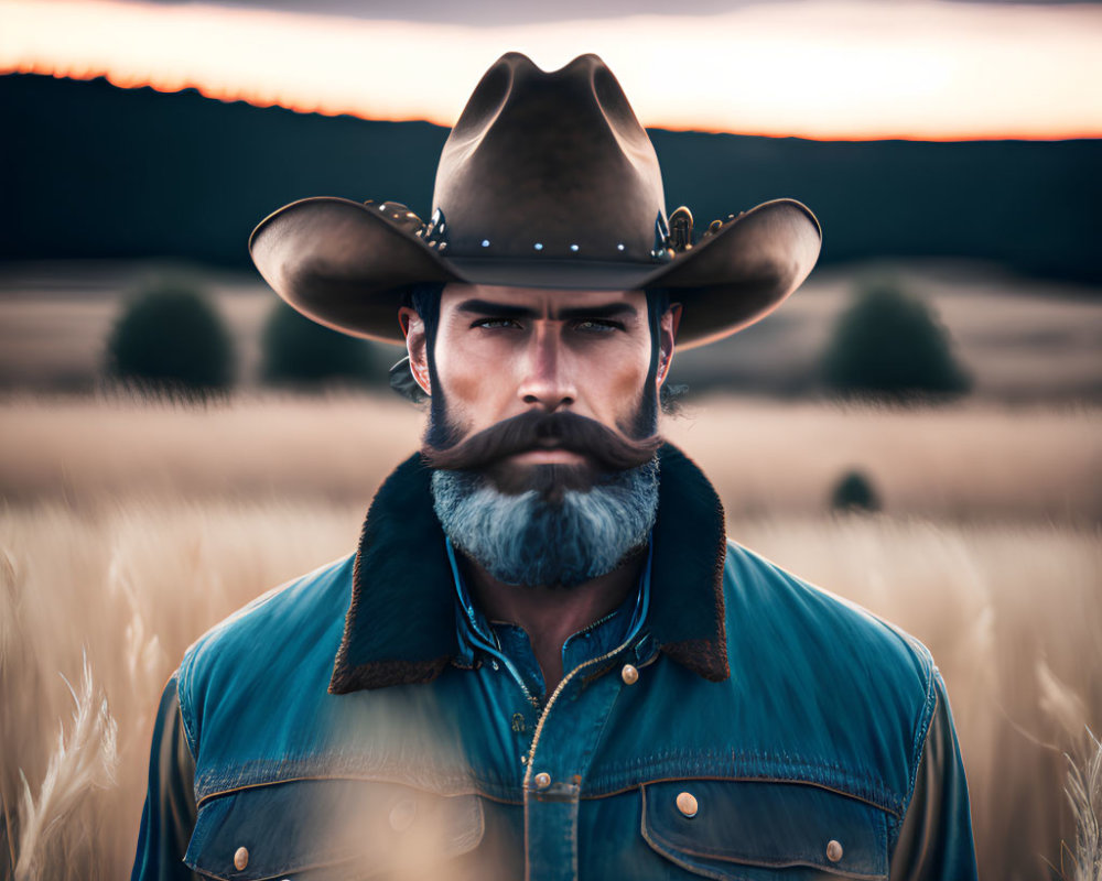 Man with Thick Mustache in Cowboy Hat at Sunset