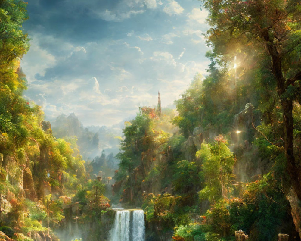 Fantasy waterfall surrounded by lush green foliage and distant castle peak