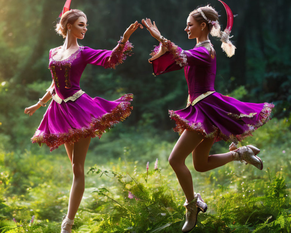 Vibrant purple dancers synchronized jump in sunlit forest