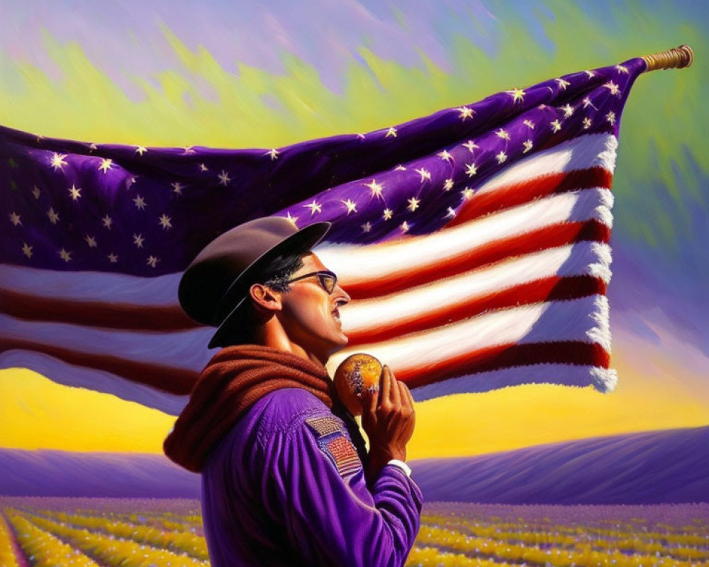 Illustration of man with American flag in cornfield scenery