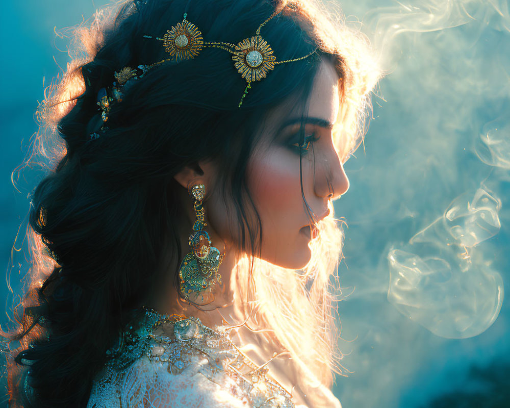 Profile of woman with elaborate jewelry against blue smoke-filled background