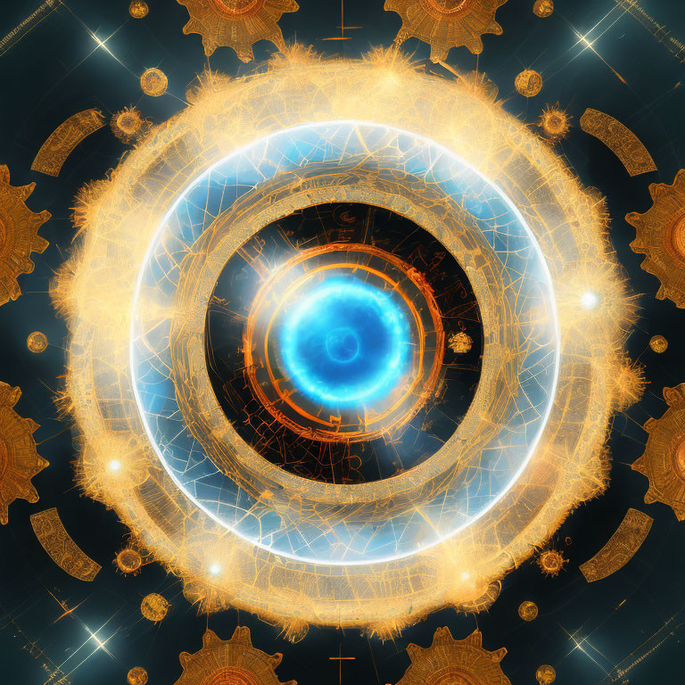 Intricate fractal art with concentric circles, blue core, golden patterns, and star-like