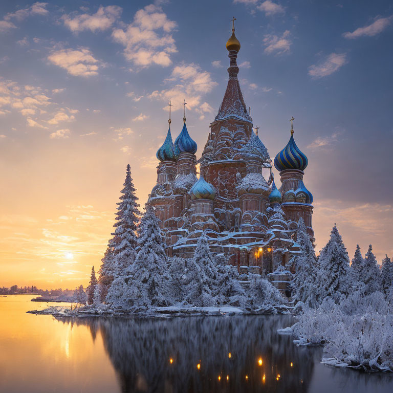 Snow-covered trees and onion-domed church in serene winter landscape.