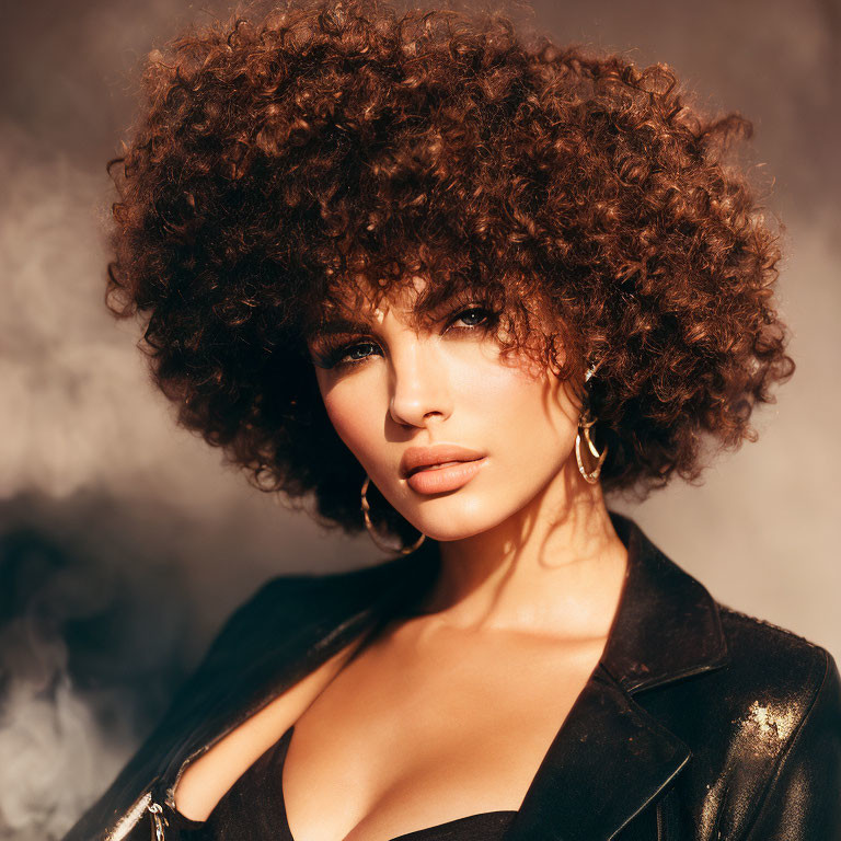 Curly-Haired Woman in Leather Jacket and Hoop Earrings with Smoke Background