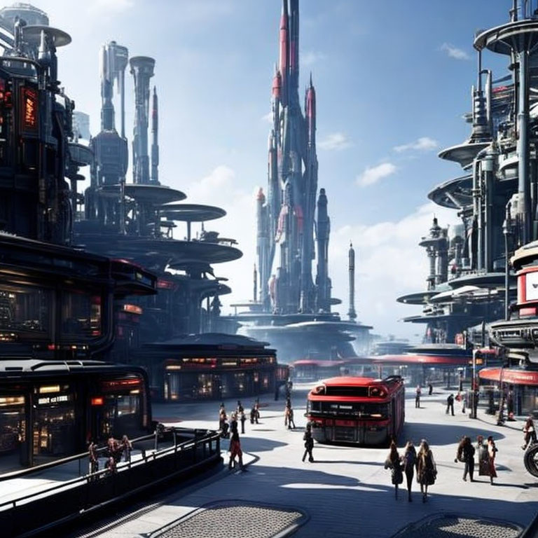 Futuristic cityscape with skyscrapers, pedestrians, and red buses