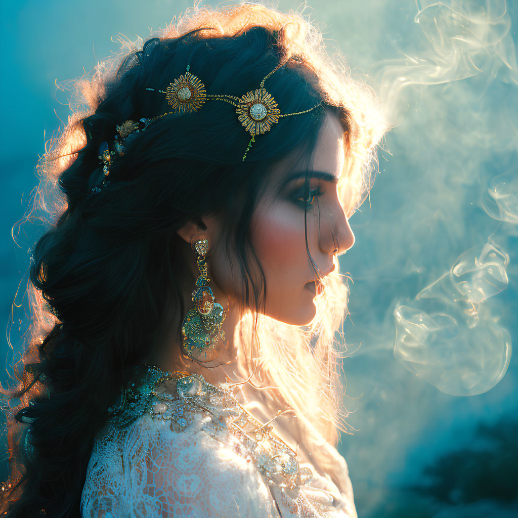 Profile of woman with elaborate jewelry against blue smoke-filled background