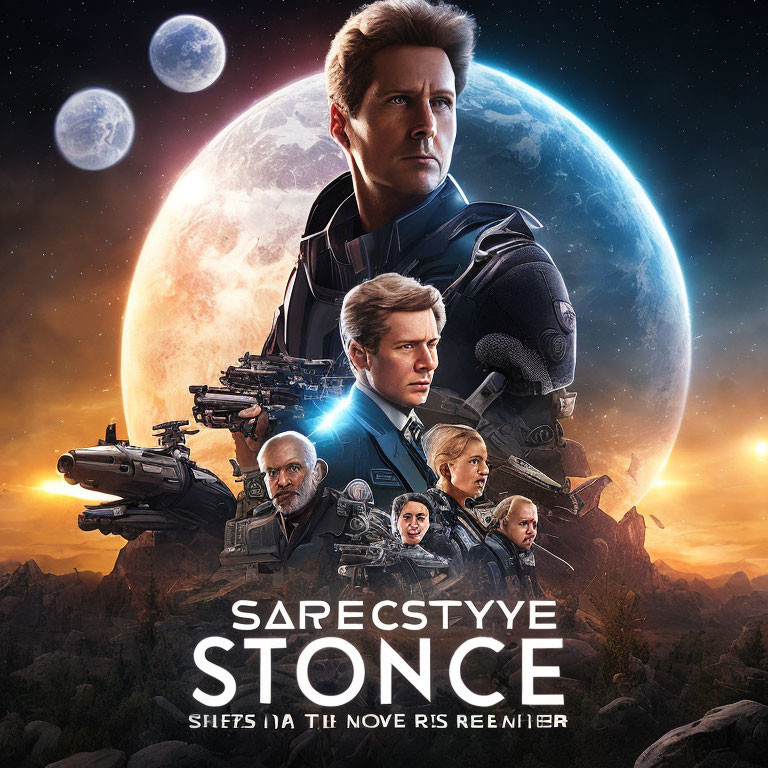 Male protagonist surrounded by ensemble cast on sci-fi movie poster with space backdrop, moons, and planetary ring