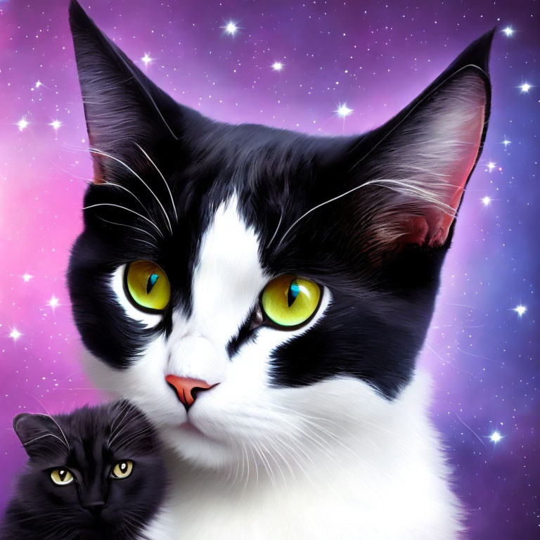 Black and White Cat with Yellow Eyes on Purple Starry Background