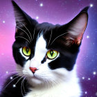 Black and White Cat with Yellow Eyes on Purple Starry Background