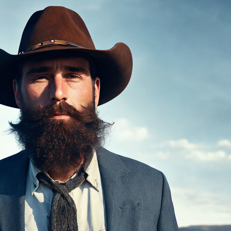 Bearded man in cowboy hat and blue suit with tie against clear sky