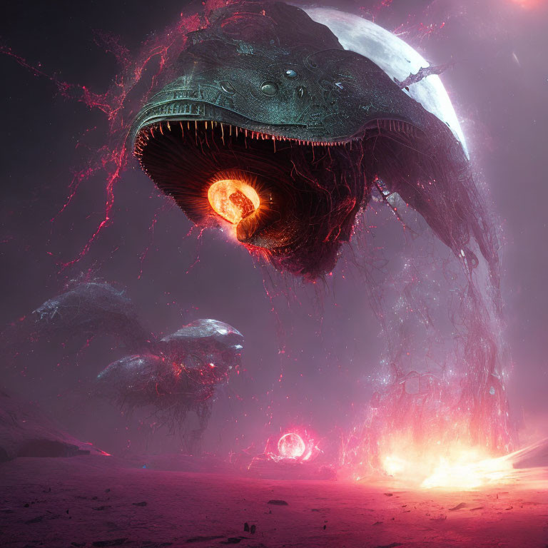 Giant jellyfish-like creatures in vibrant alien landscape