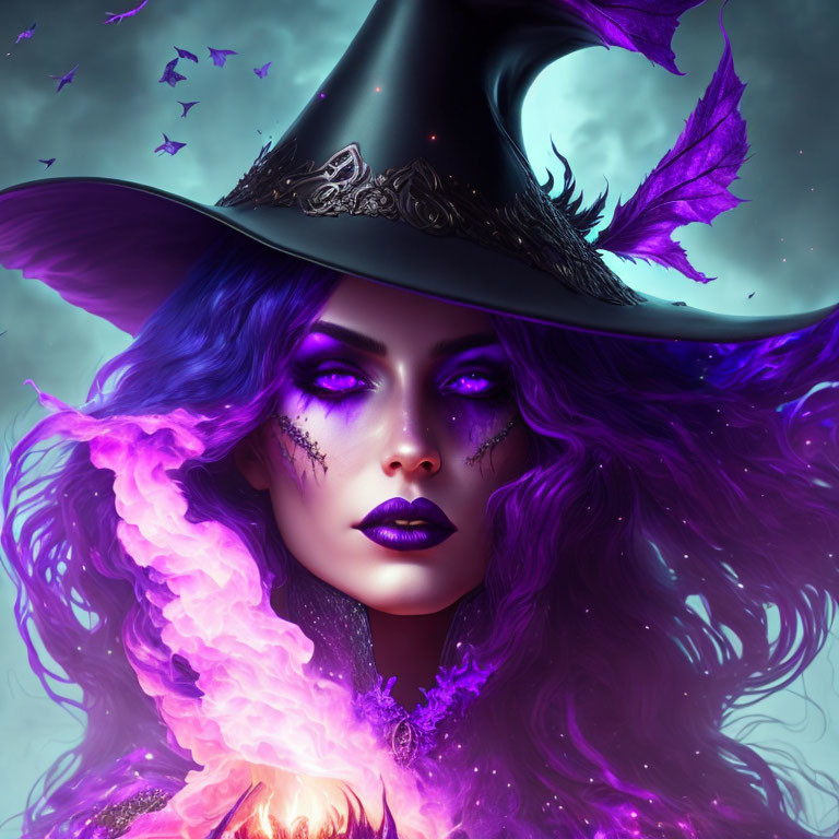 Fantasy portrait of a woman with purple theme, witch hat, dramatic makeup, and ethereal birds