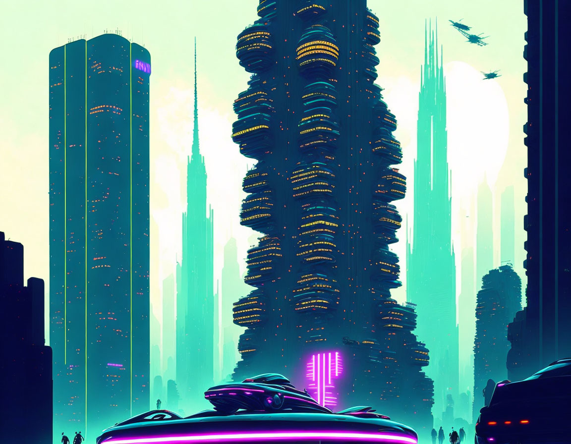 Futuristic neon cityscape with skyscrapers, flying vehicles, and sleek car under cyan sky