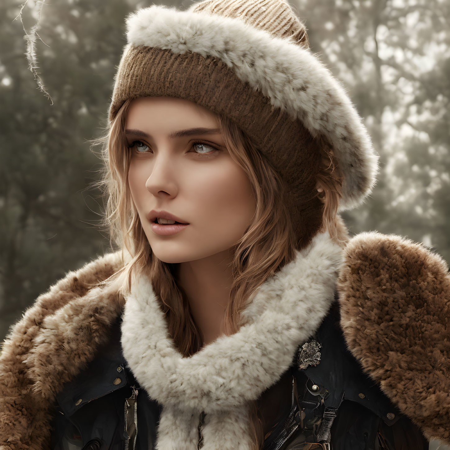 Woman in knitted hat and fur-lined coat against forest backdrop