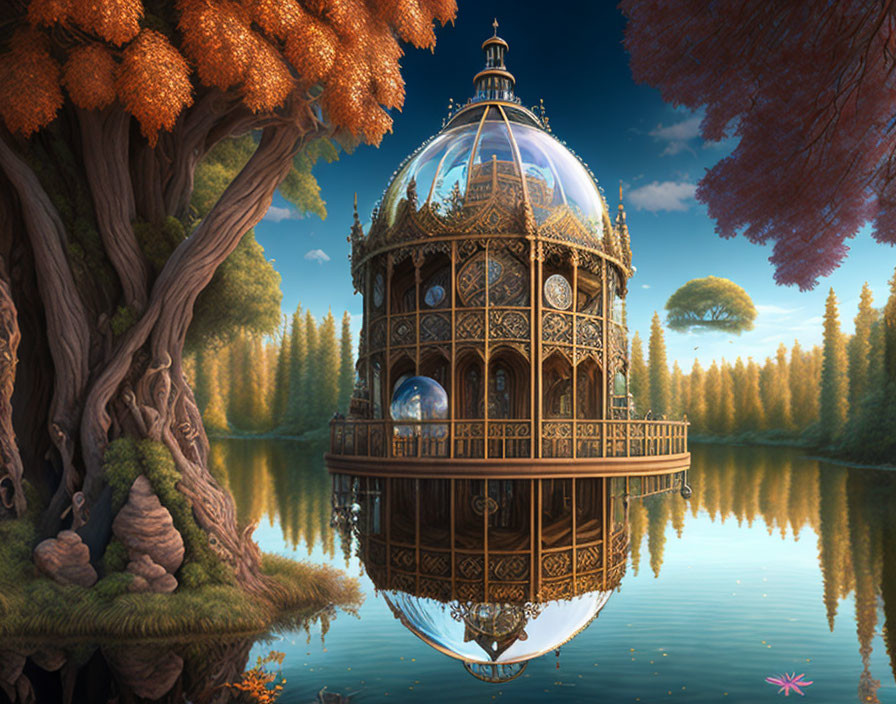 Detailed Glass-Domed Pavilion in Autumnal Scene