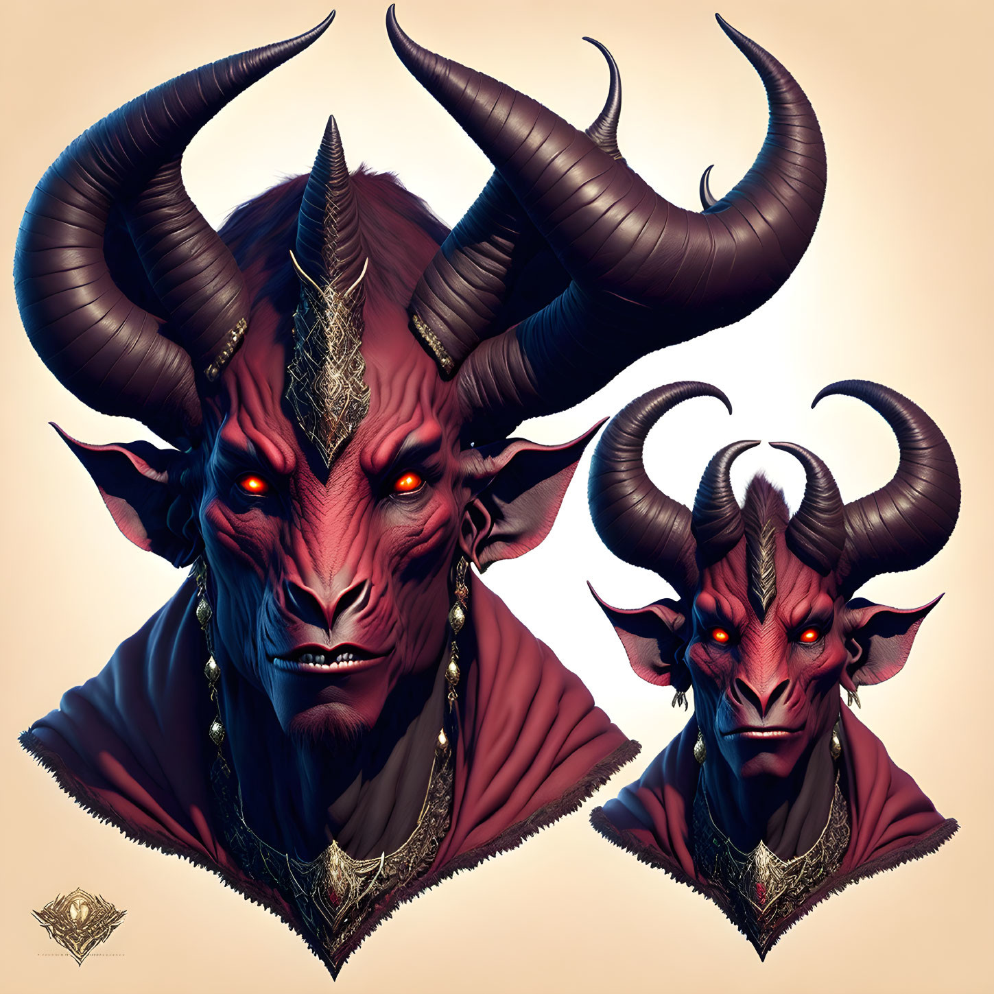 Illustrations of red demon with curving horns and glowing eyes in dark outfit