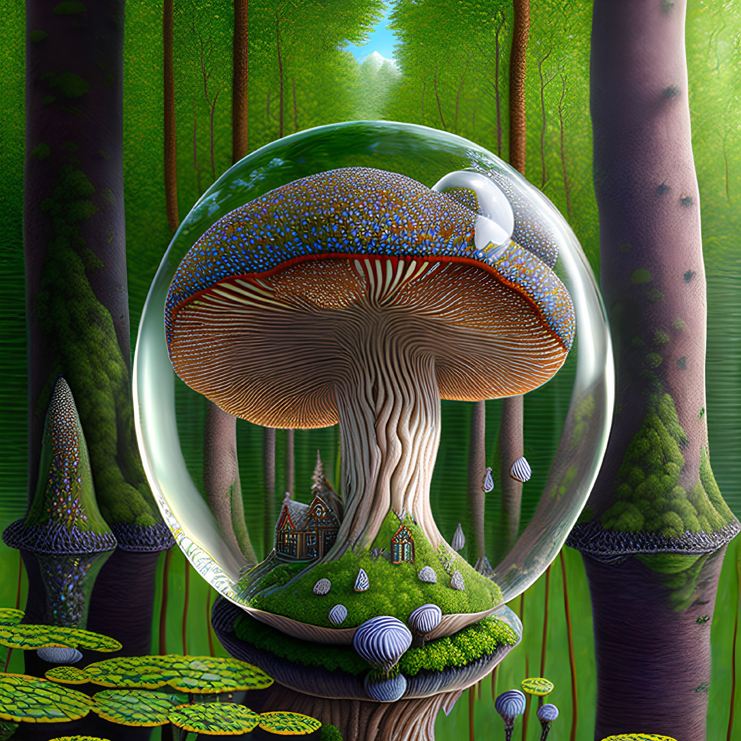 Colorful forest scene with giant mushroom and tiny house in bubble