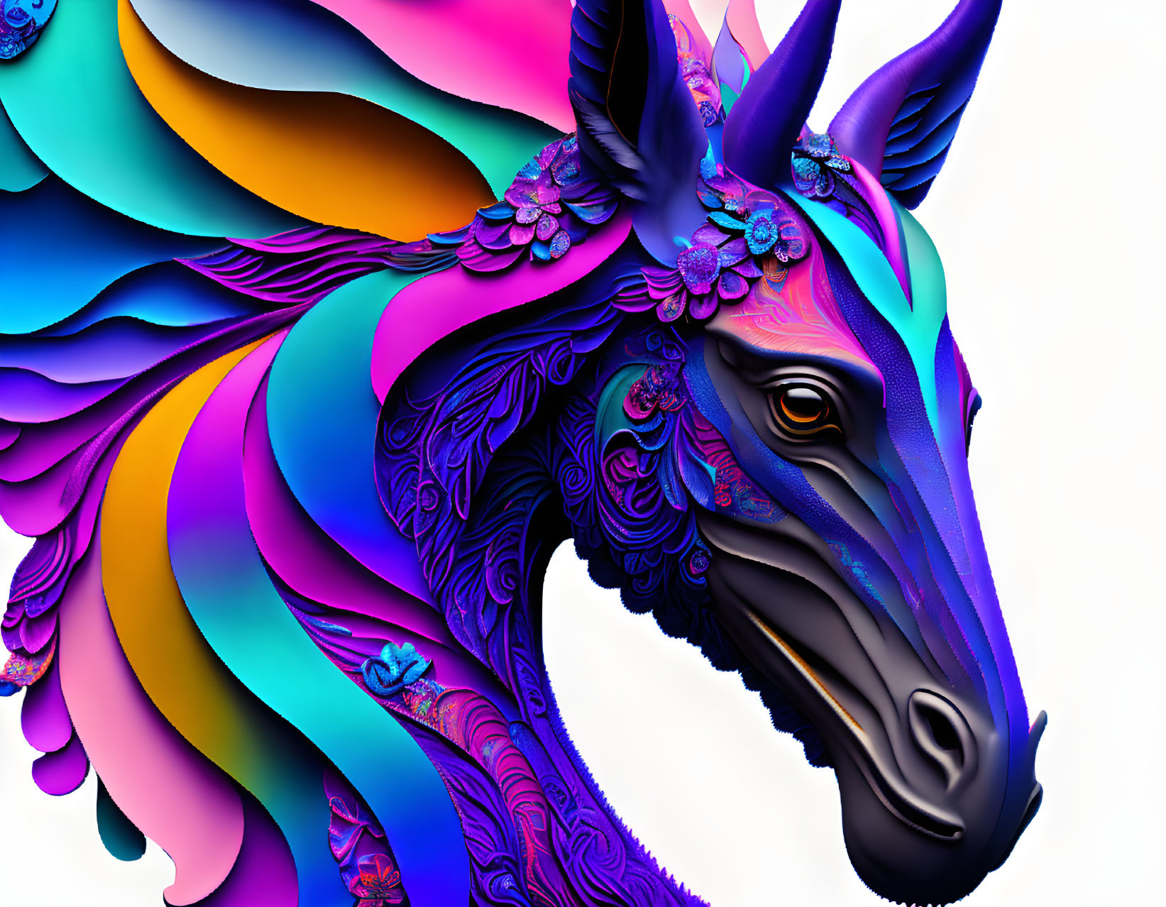 Colorful Horse Digital Art with Intricate Floral Mane