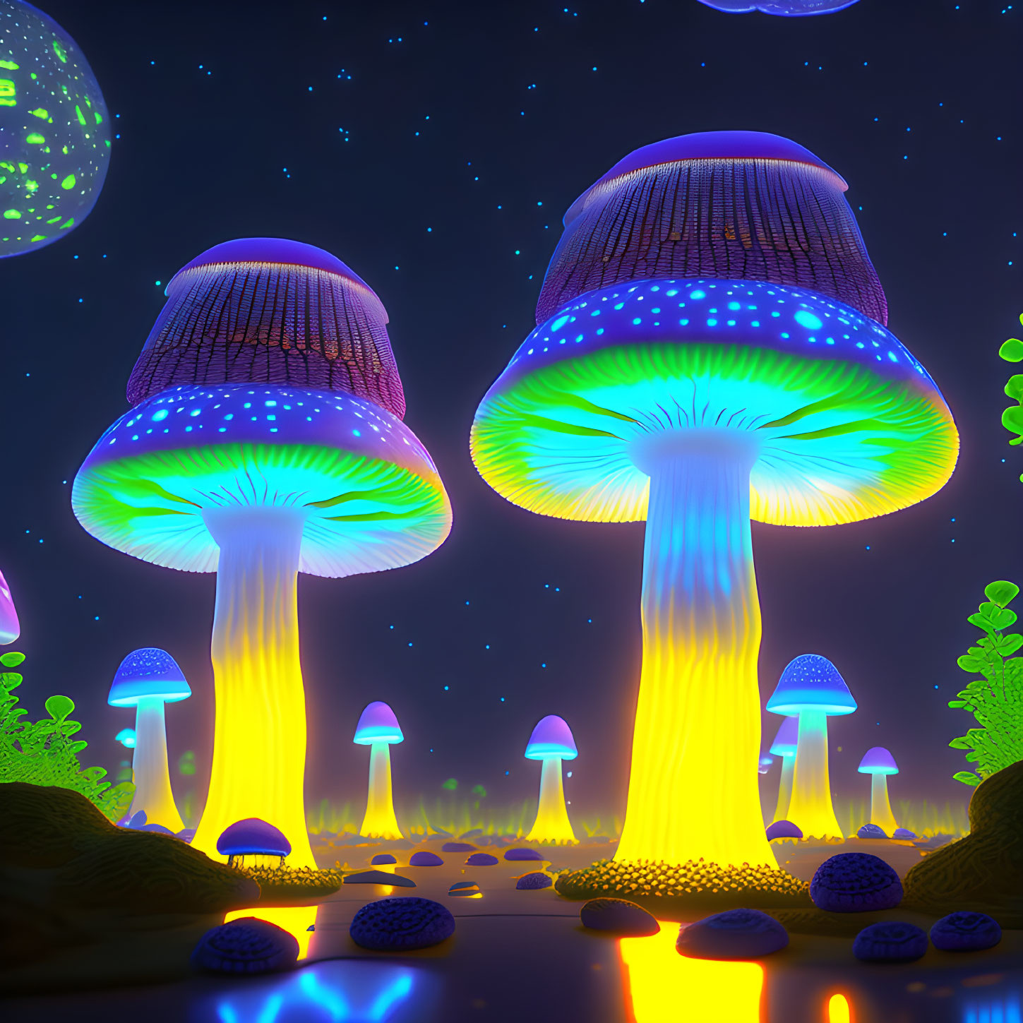 Fantasy digital art: Bioluminescent mushrooms in night landscape