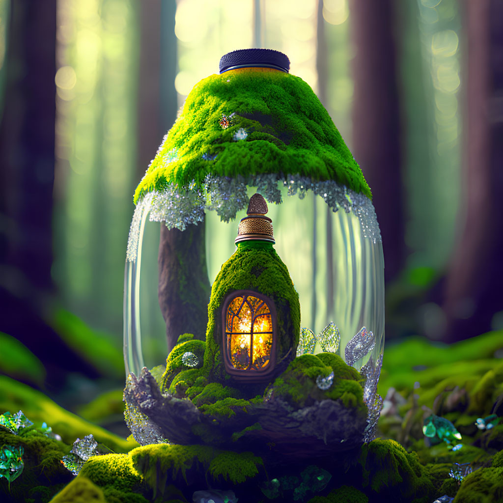 Miniature Moss-Covered House in Glass Bulb with Forest Scene