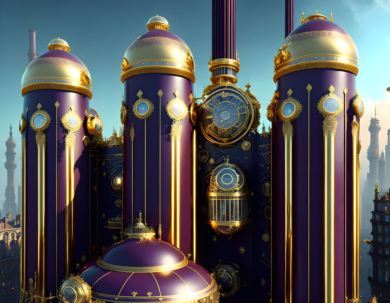 Ornate Purple and Gold Cylindrical Towers with Clockwork Details