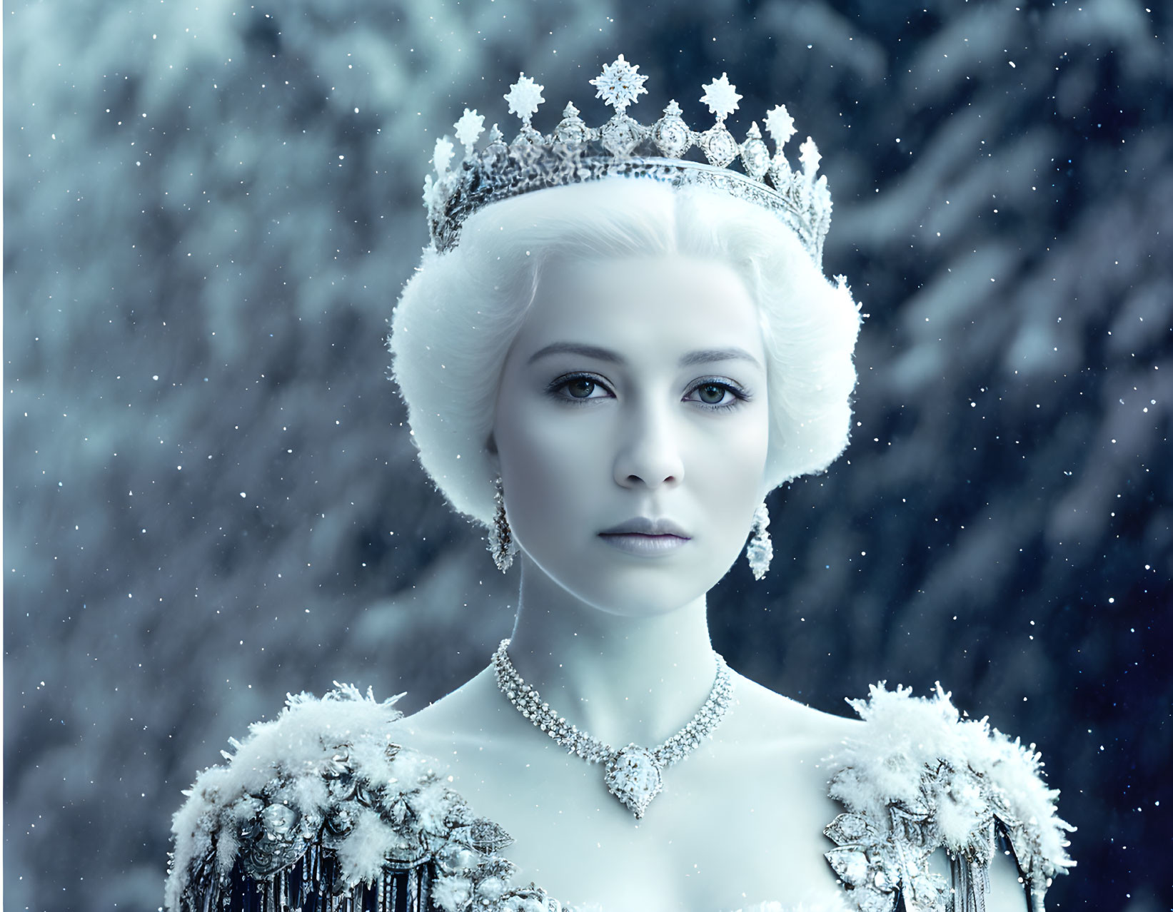 White-haired woman with snowflake crown and jeweled necklace in snowy setting