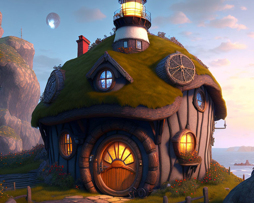 Fantasy cottage with lighthouse in twilight landscape.